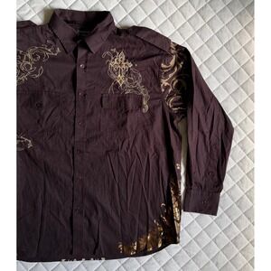 Y2K VTG Affliction Like En4orce Button up Embroidered Cross With Wing AOP Design